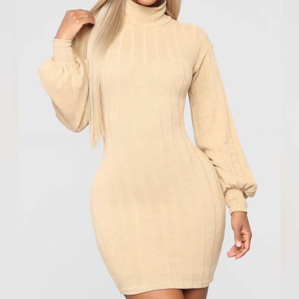 Fashion Nova Tan ribbed Long Sleeve Dress